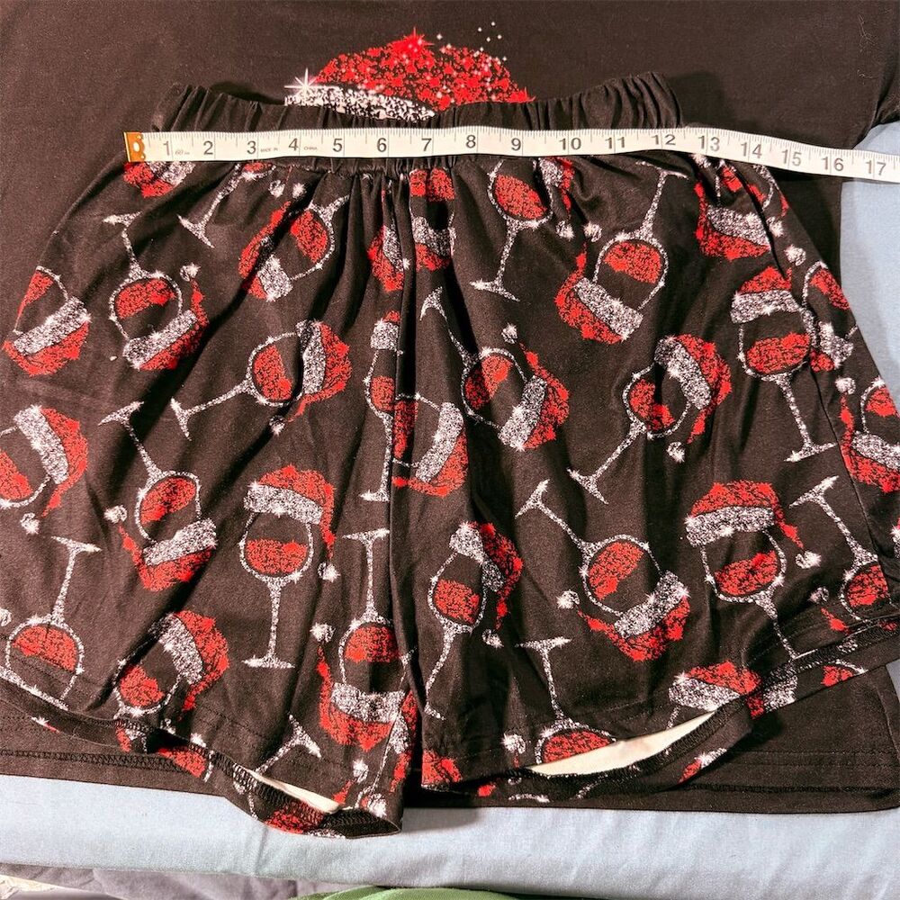 Womens Christmas Wine Glass Santa Hat Pajama Set Black Shorts V-Neck Top Large - Picture 2 of 7